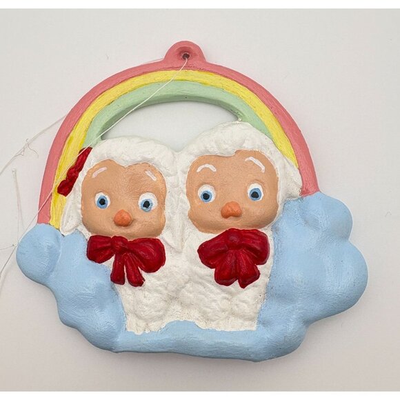 Vintage Baby Lambs Christmas Ornament Sitting Clouds Under Rainbow Hand Painted - Picture 6 of 6